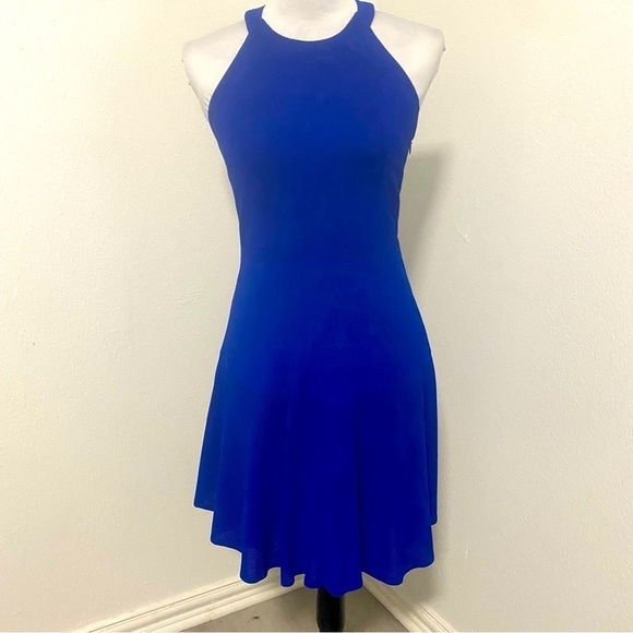 Parker Cobalt Blue 100% Leather Halter Mini Dress with Inner Lining Medium Y2K - Picture 1 of 15